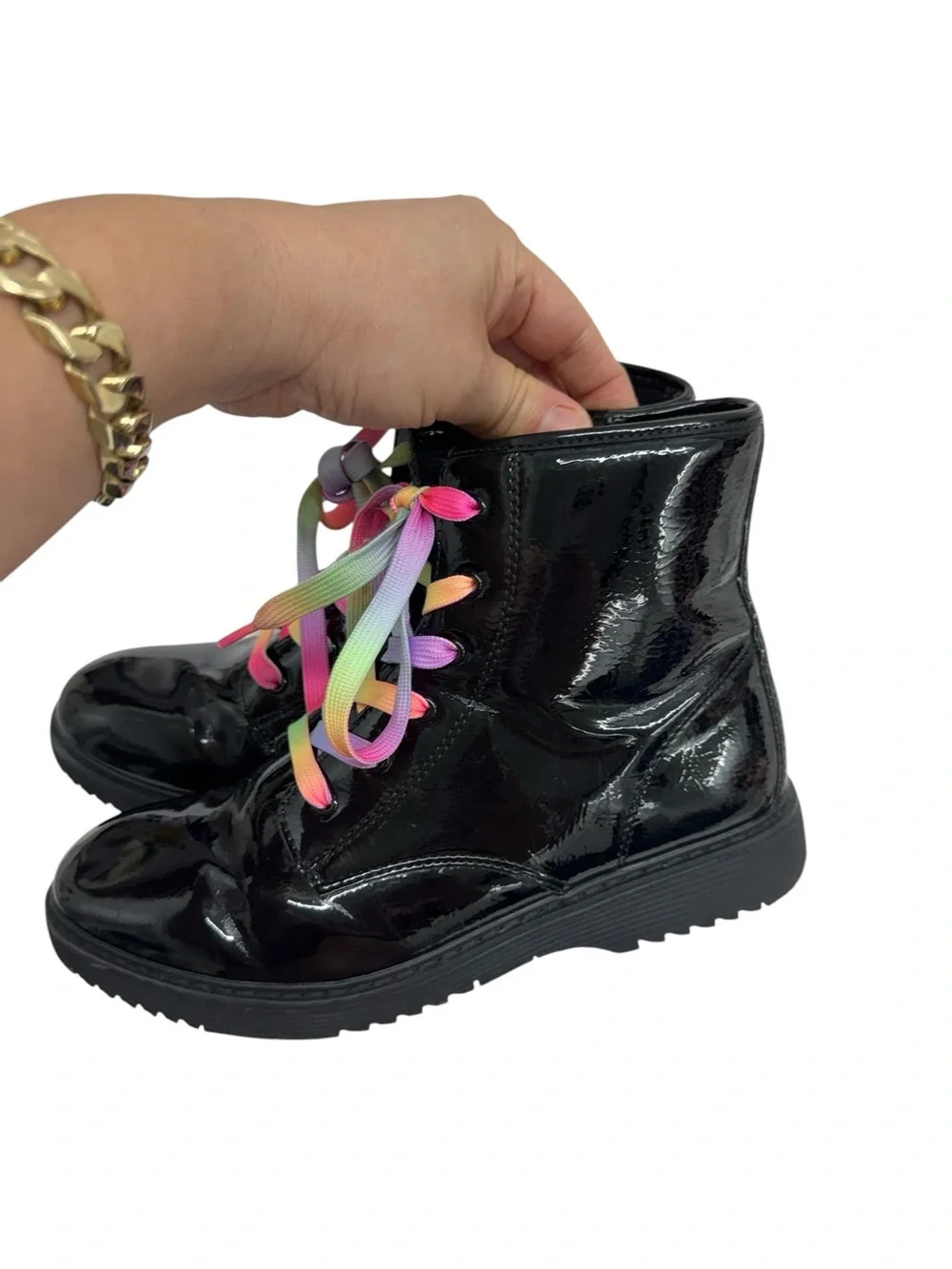 Place Black Patent Boots with Rainbow Laces